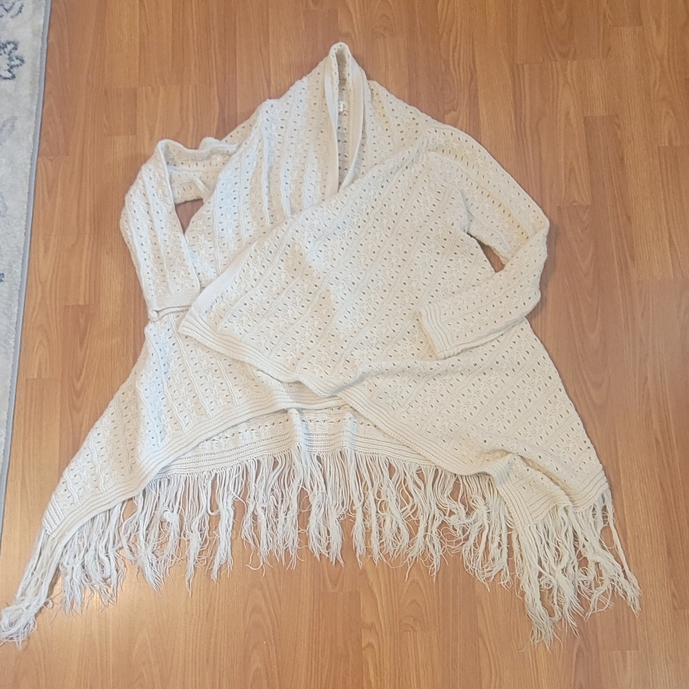 C'isa Ivory Open Front Crochet Shawl Cardigan with Fringe Trim Size L